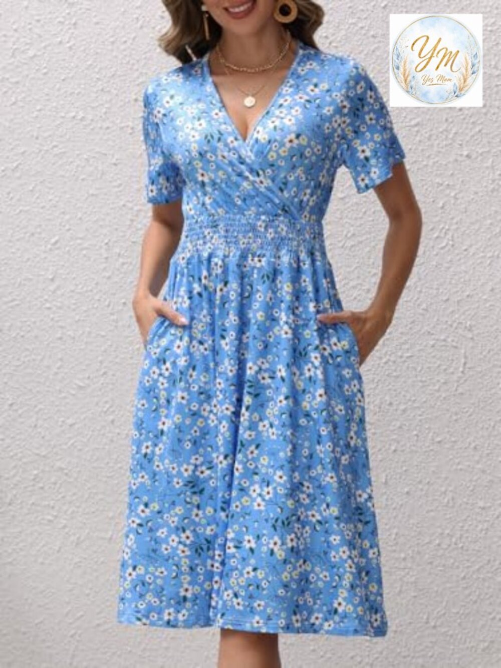 Midi Floral Dress - Short Sleeve Wrap V-Neck Smocked Waist A-Line with Pockets - Picture 2 of 7